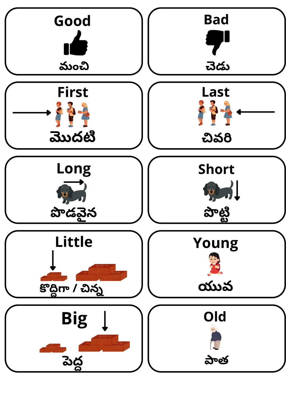 Telugu adjective cards: good/bad, first/last, long/short, little/young and big/old, each pictured with its Telugu word
