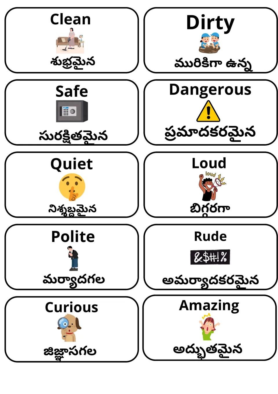 Describing words with Telugu: clean/dirty, safe/dangerous, quiet/loud, polite/rude and curious/amazing, shown with pictures