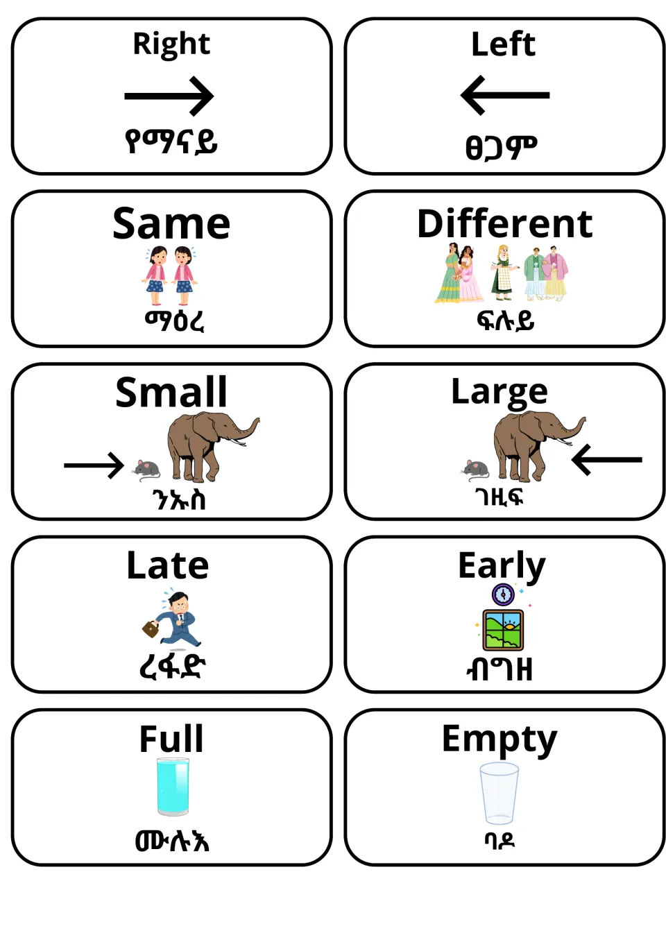 Opposite adjective cards with Tigrinya words: right, left, same, different, small, large, late, early, full and empty