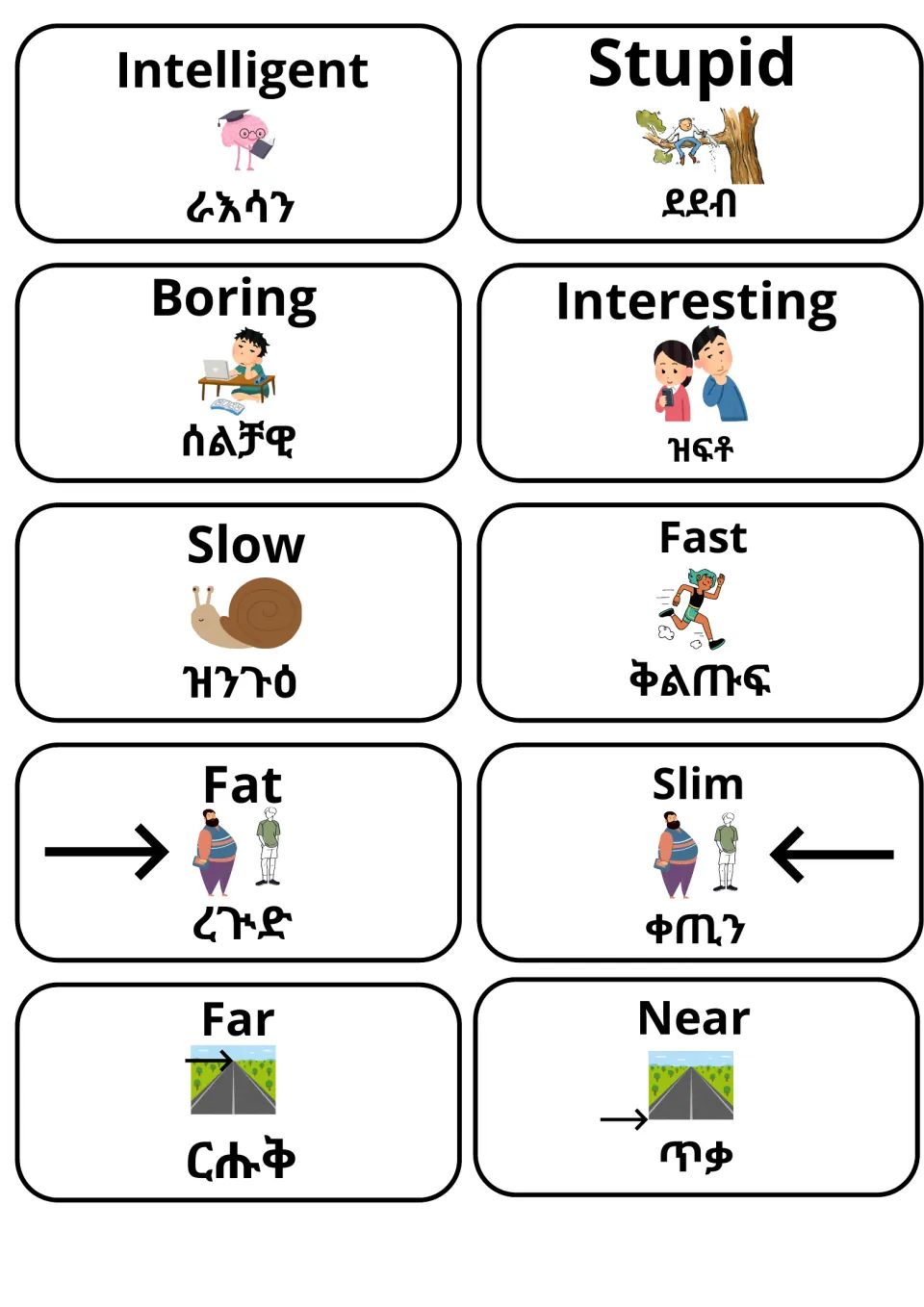 Adjective opposites in English and Tigrinya: intelligent, stupid, boring, interesting, slow, fast, fat, slim, far and near