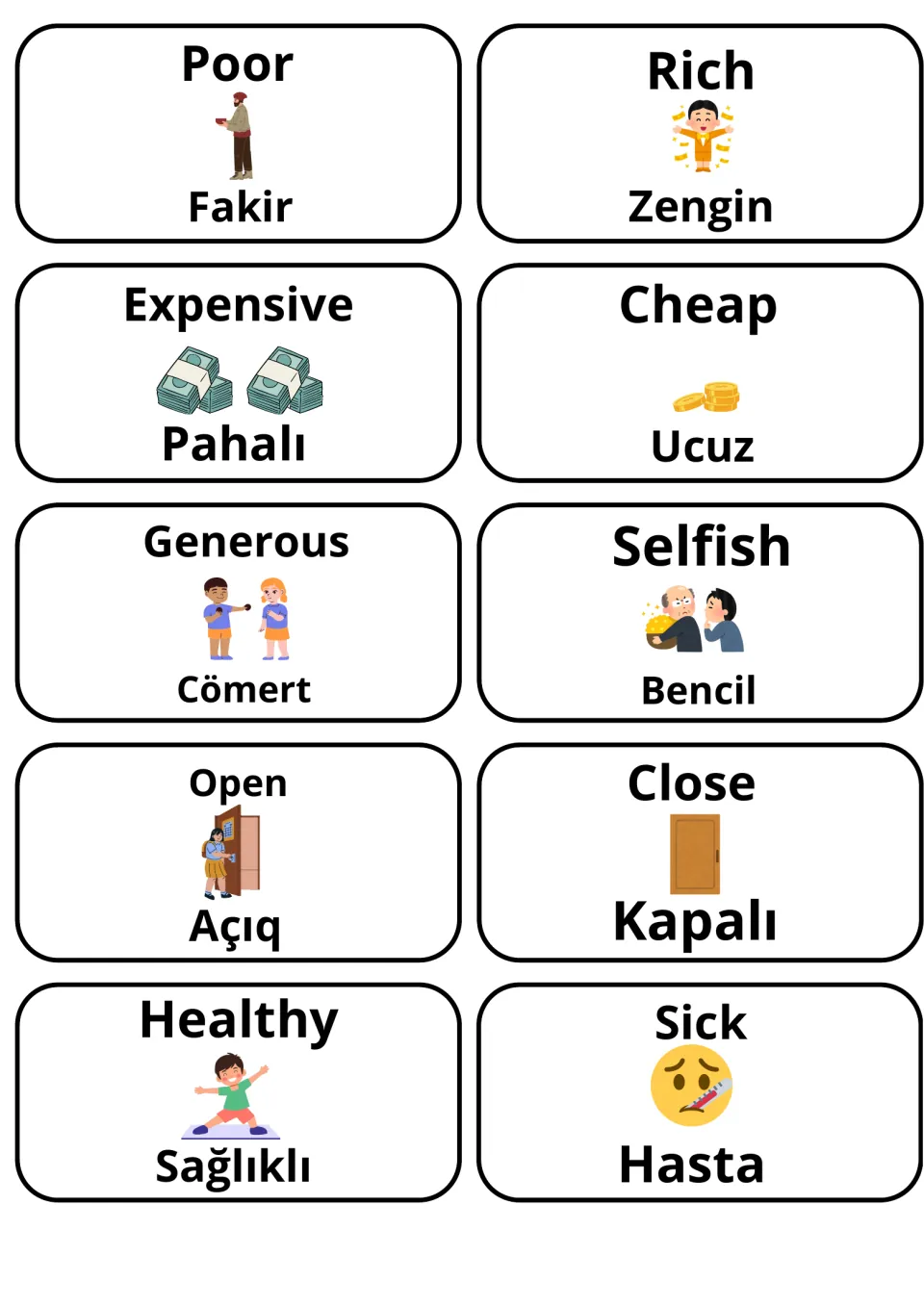 Adjective cards on money and character in English and Turkish: poor/fakir, rich/zengin, cheap/ucuz, generous/cömert