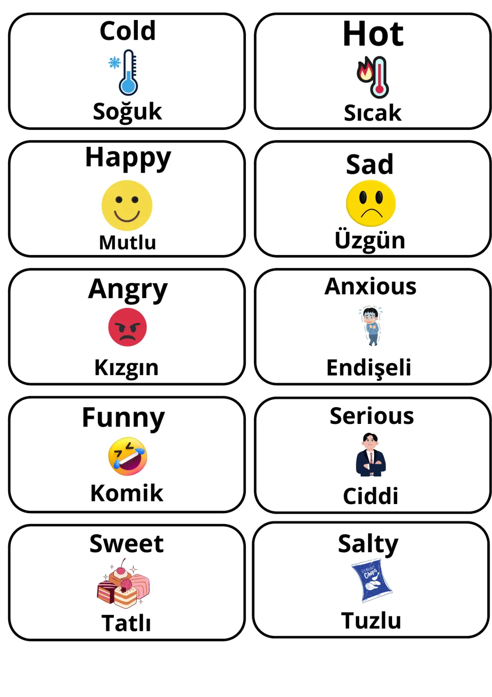 Feelings and taste adjectives with Turkish translations: cold/soğuk, hot/sıcak, happy/mutlu, sad/üzgün, salty/tuzlu