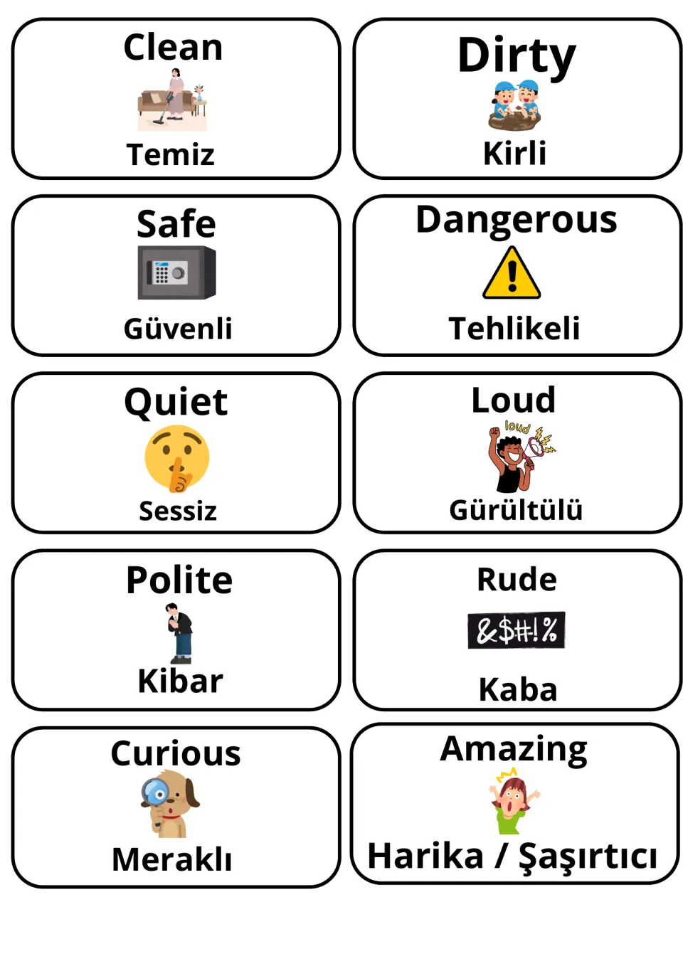 Adjective cards in English and Turkish: clean/temiz, dirty/kirli, safe/güvenli, dangerous/tehlikeli, polite/kibar
