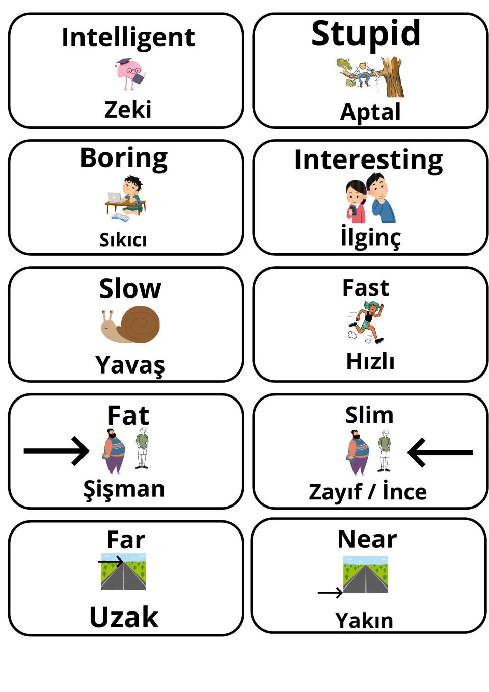 Describing-word cards with Turkish equivalents: intelligent/zeki, boring/sıkıcı, slow/yavaş, fast/hızlı, far/uzak