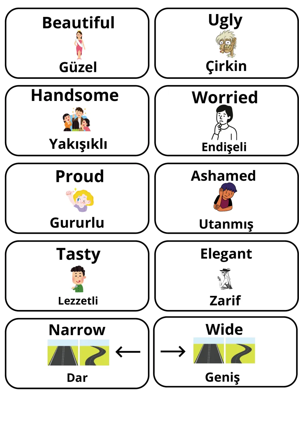 Appearance and emotion adjectives in English and Turkish: beautiful/güzel, ugly/çirkin, proud/gururlu, wide/geniş