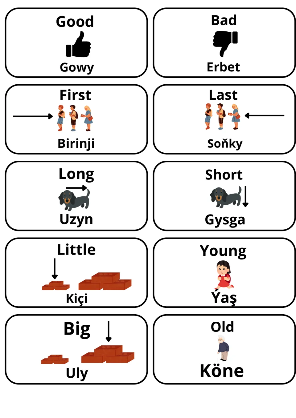 Adjective opposites: Good/Bad, First/Last, Long/Short, Little/Big, Young/Old cards, each pictured with its Turkmen word