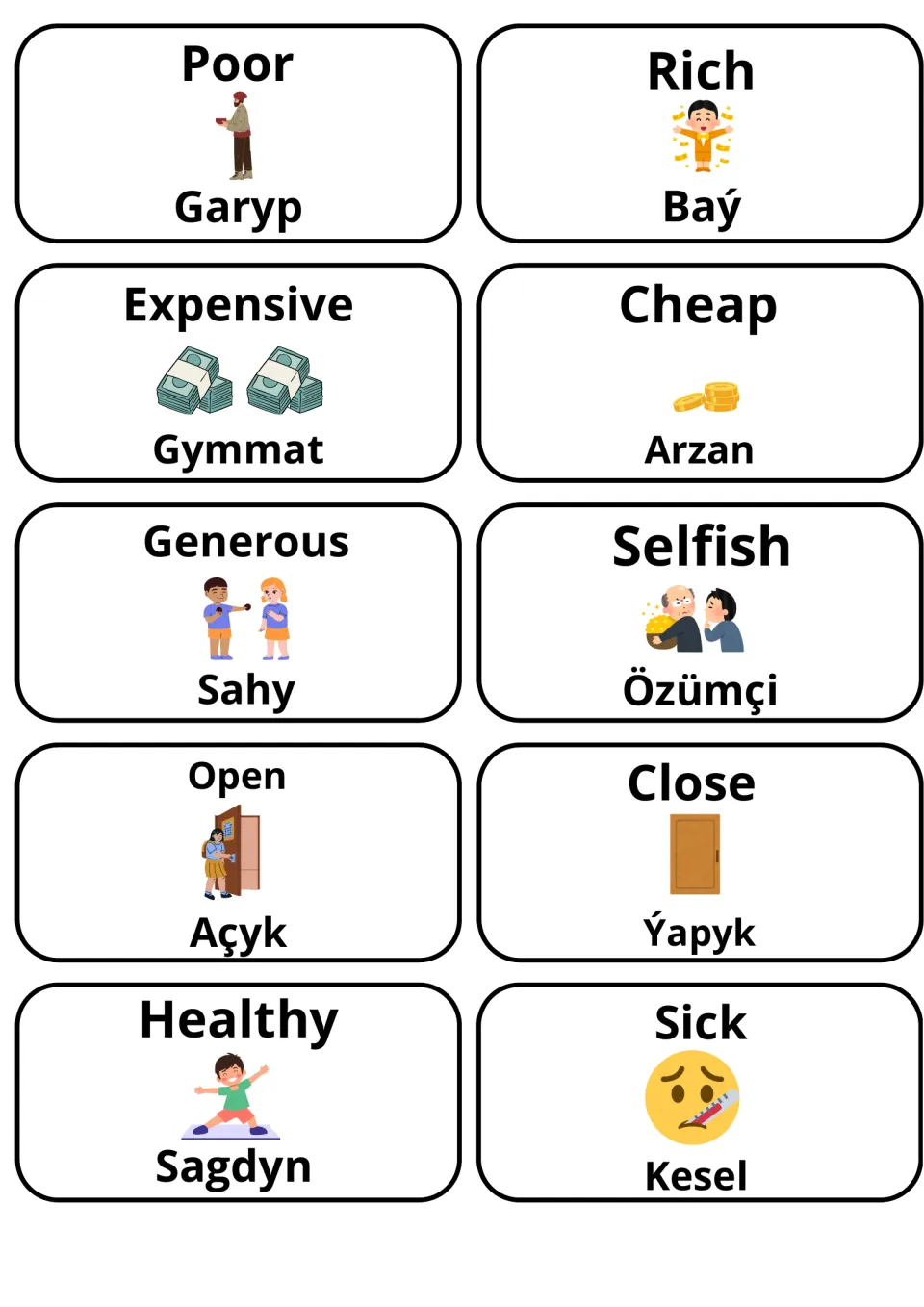 Money, character and health opposites: Poor/Rich, Expensive/Cheap, Generous/Selfish, Open/Close, Healthy/Sick in Turkmen