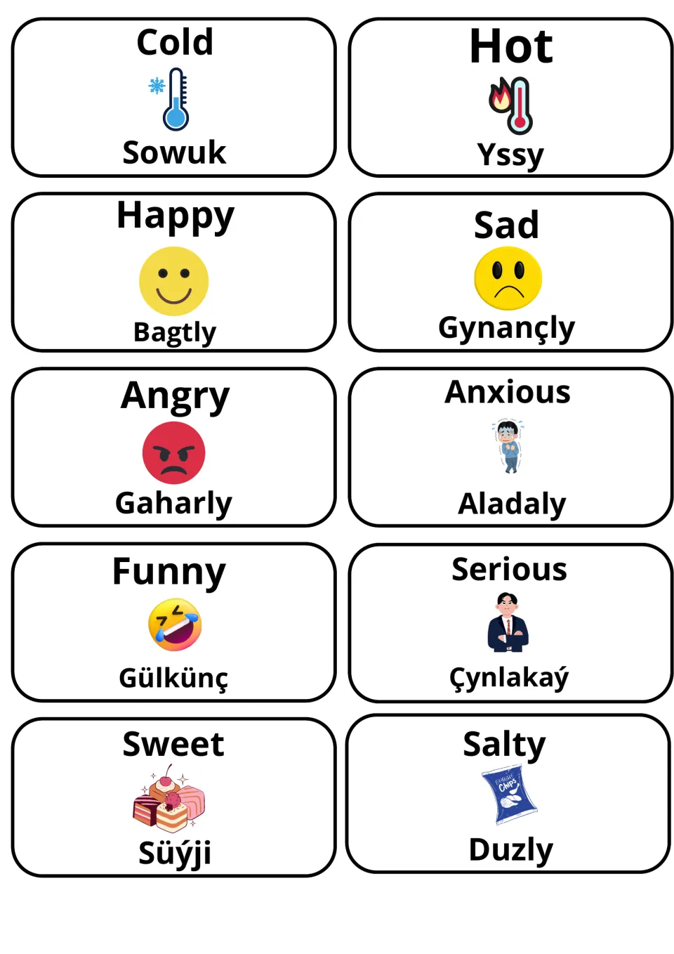 Feelings and taste words: Cold/Hot, Happy/Sad, Angry/Anxious, Funny/Serious, Sweet/Salty with emoji and Turkmen terms