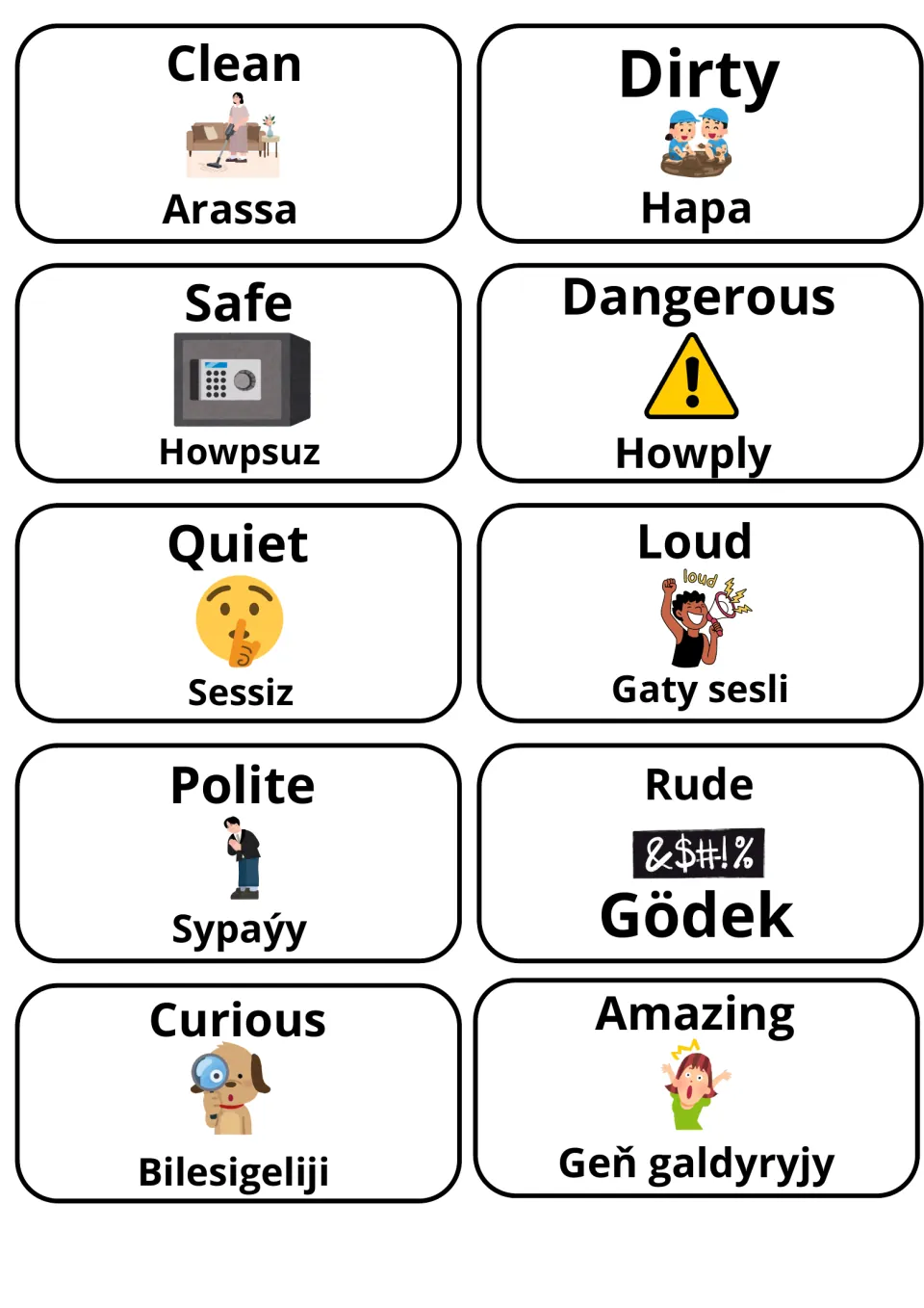 Behavior and condition words: Clean/Dirty, Safe/Dangerous, Quiet/Loud, Polite/Rude, Curious/Amazing, English over Turkmen
