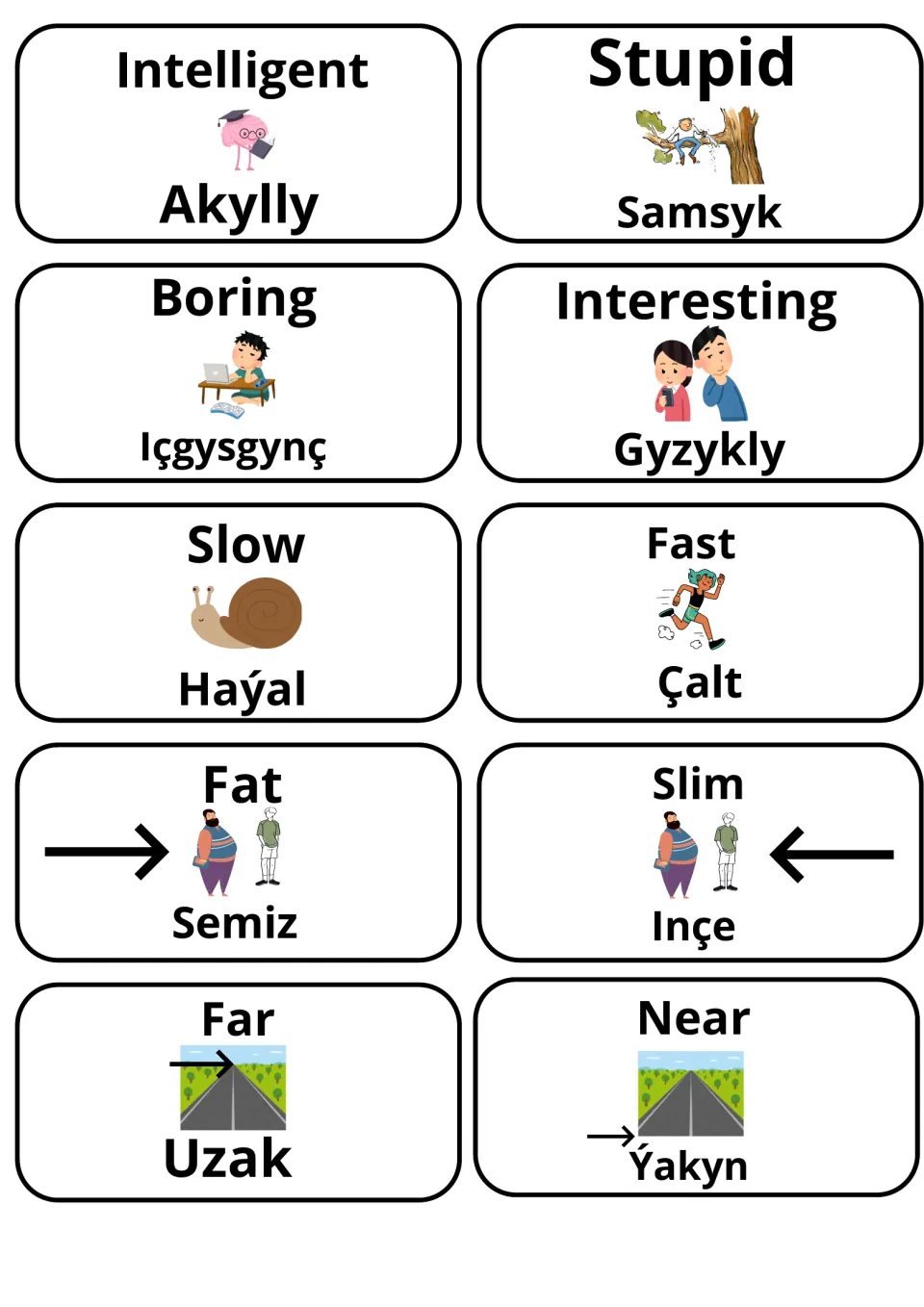 Intelligent/Stupid, Boring/Interesting, Slow/Fast, Fat/Slim, Far/Near illustrated with Turkmen words Akylly, Haýal, Uzak