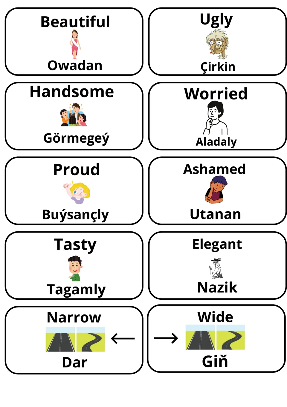 Appearance and feeling words: Beautiful/Ugly, Handsome/Worried, Proud/Ashamed, Tasty/Elegant, Narrow/Wide with Turkmen
