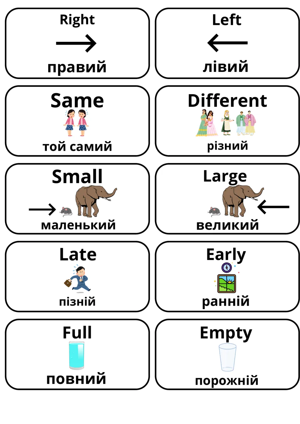 Flashcards pairing English adjectives with Ukrainian: right/left, same/different, small/large, late/early, full/empty