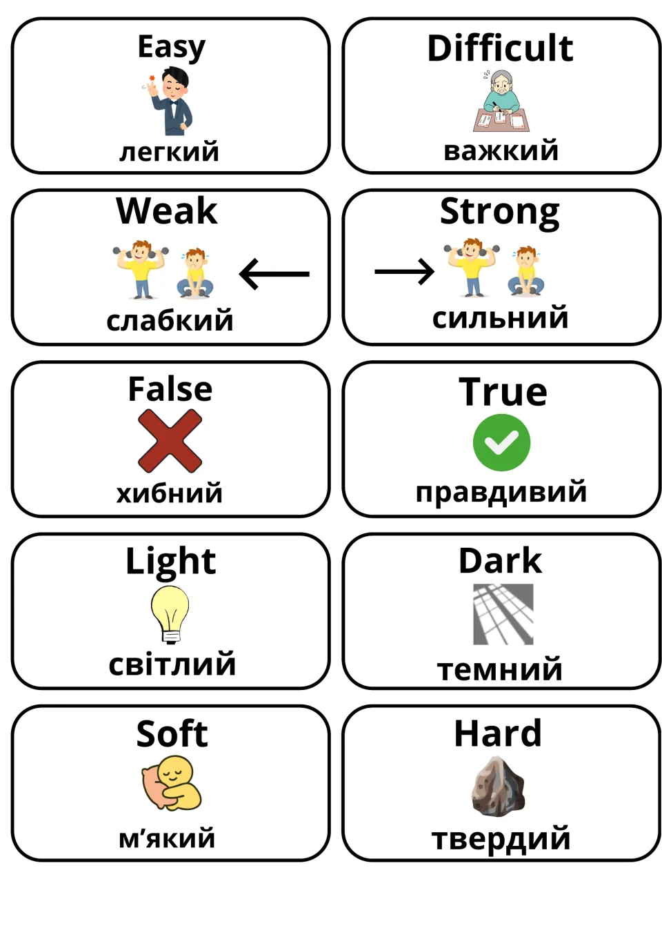 Ukrainian translations of easy/difficult, weak/strong, false/true, light/dark and soft/hard on illustrated cards