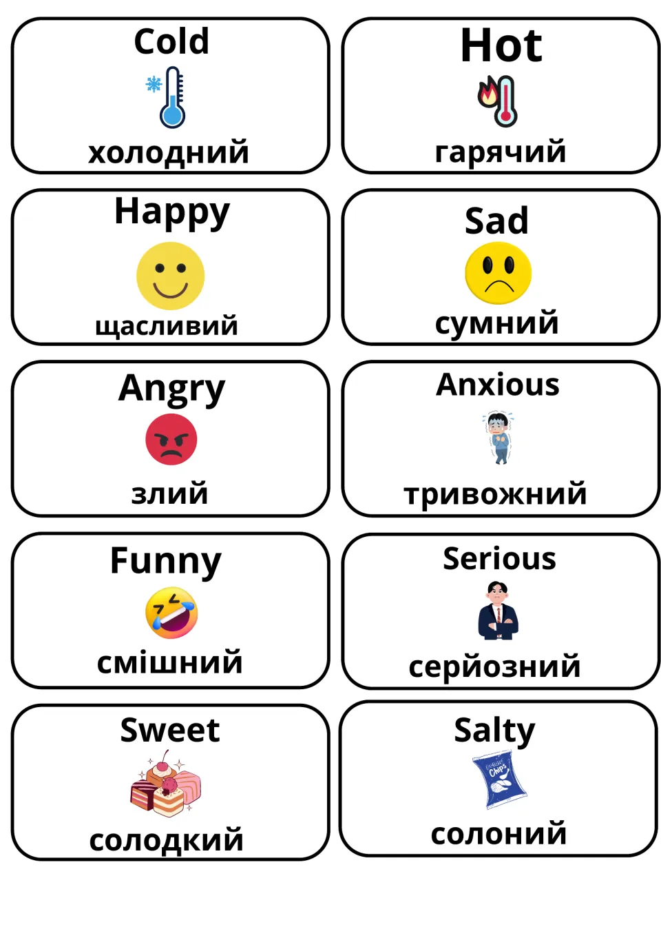 Feelings and senses adjectives with Ukrainian labels: cold/hot, happy/sad, angry/anxious, funny/serious, sweet/salty