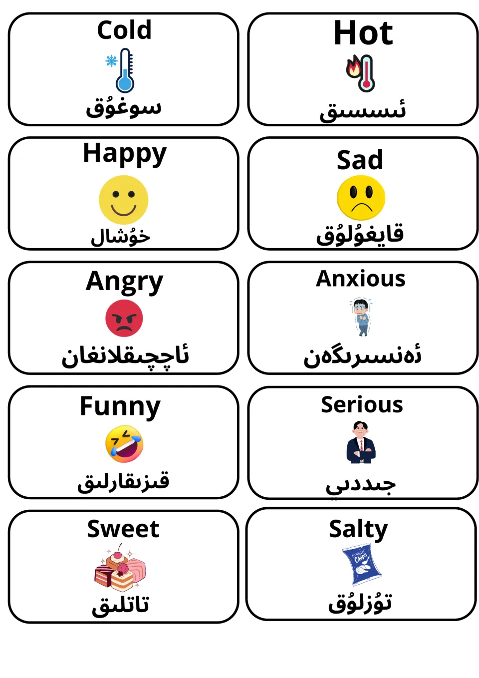 Feelings, taste and temperature words: cold/hot, happy/sad, angry/anxious, funny/serious, sweet/salty with Uyghur