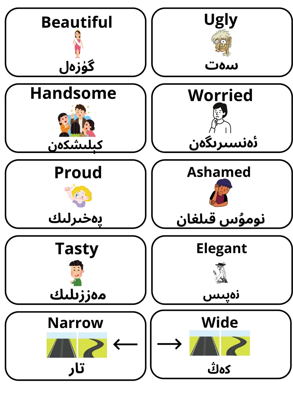 Descriptive words beautiful, ugly, handsome, worried, proud, ashamed, tasty, elegant, narrow and wide with Uyghur and art