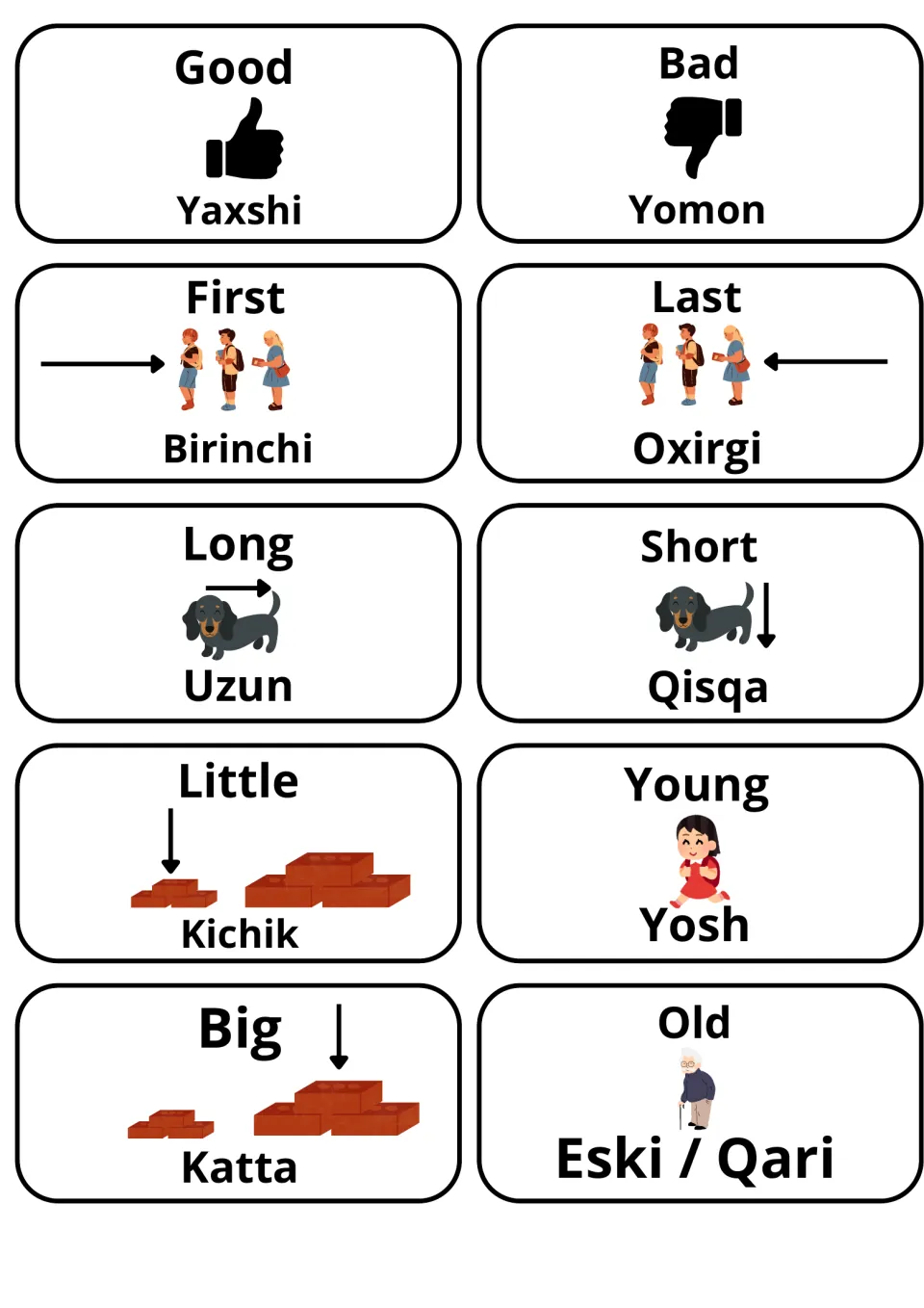 Adjective flashcards, English with Uzbek: Good, Bad, First, Last, Long, Short, Little, Young, Big and Old with pictures