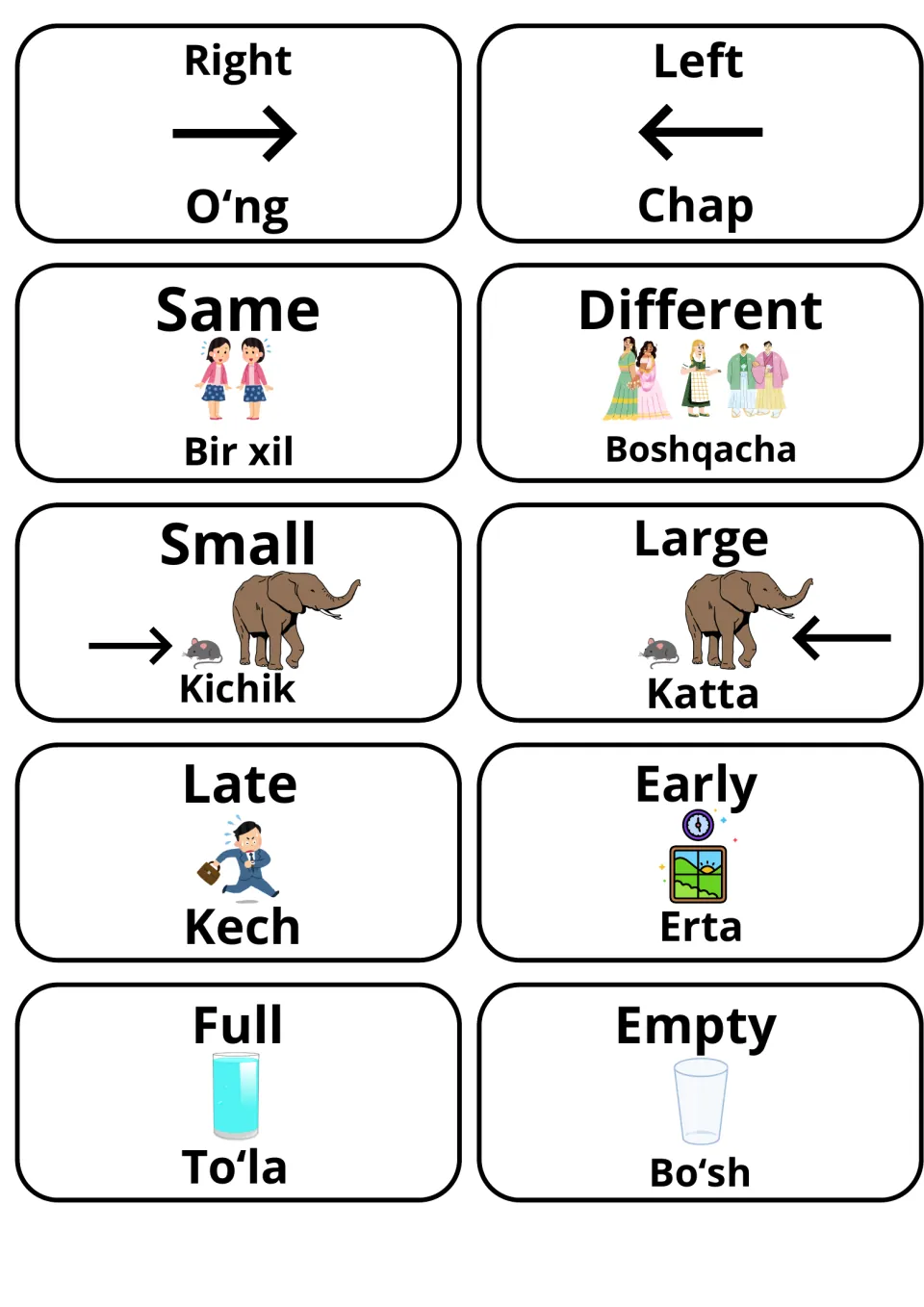 Uzbek-English picture cards for opposites: Right, Left, Same, Different, Small, Large, Late, Early, Full and Empty