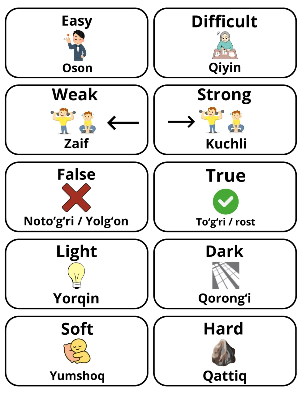 Opposite adjectives on cards with Uzbek words: Easy, Difficult, Weak, Strong, False, True, Light, Dark, Soft and Hard
