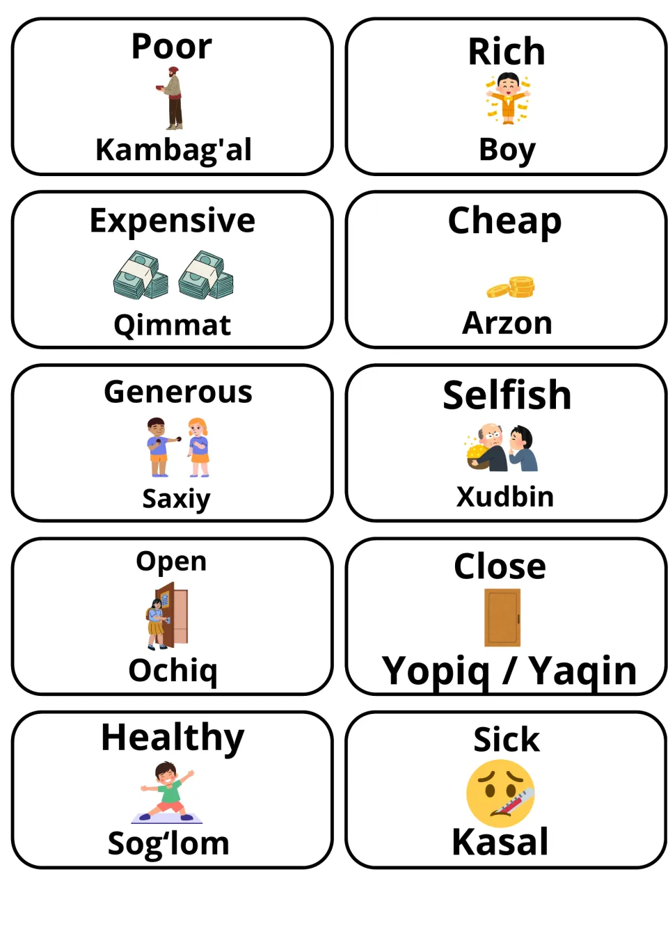 Adjective cards in English and Uzbek: Poor, Rich, Expensive, Cheap, Generous, Selfish, Open, Close, Healthy and Sick