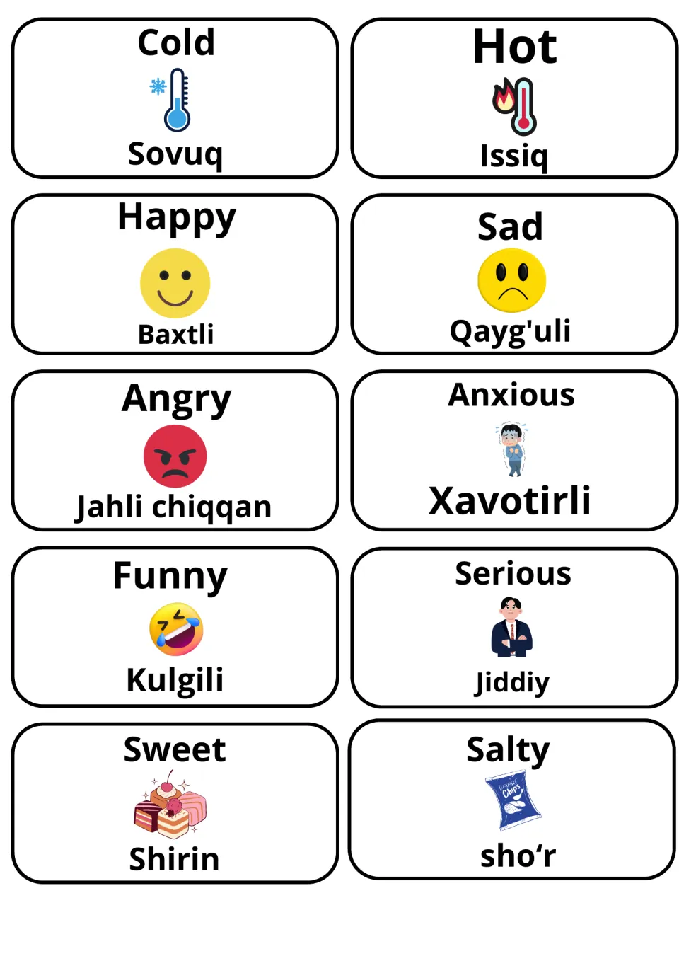 Feelings, tastes and temperature cards with Uzbek: Cold, Hot, Happy, Sad, Angry, Anxious, Funny, Serious, Sweet, Salty