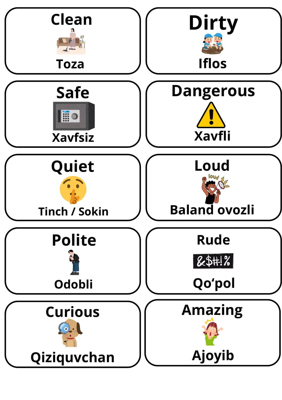Illustrated adjectives with Uzbek: Clean, Dirty, Safe, Dangerous, Quiet, Loud, Polite, Rude, Curious, Amazing