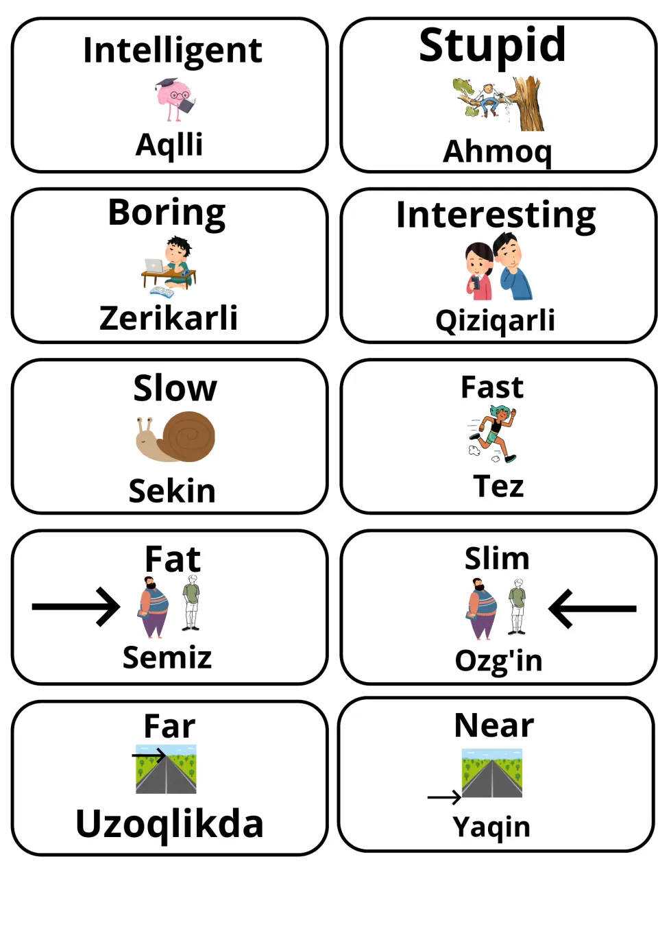 English-Uzbek opposites cards: Intelligent, Stupid, Boring, Interesting, Slow, Fast, Fat, Slim, Far and Near
