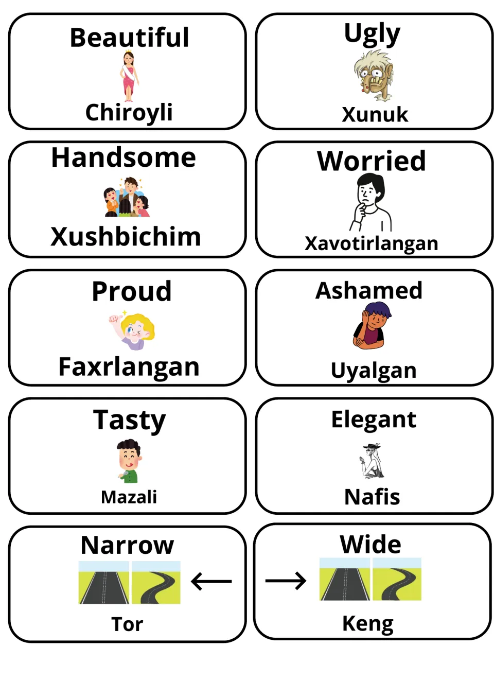 Describing words with Uzbek: Beautiful, Ugly, Handsome, Worried, Proud, Ashamed, Tasty, Elegant, Narrow and Wide