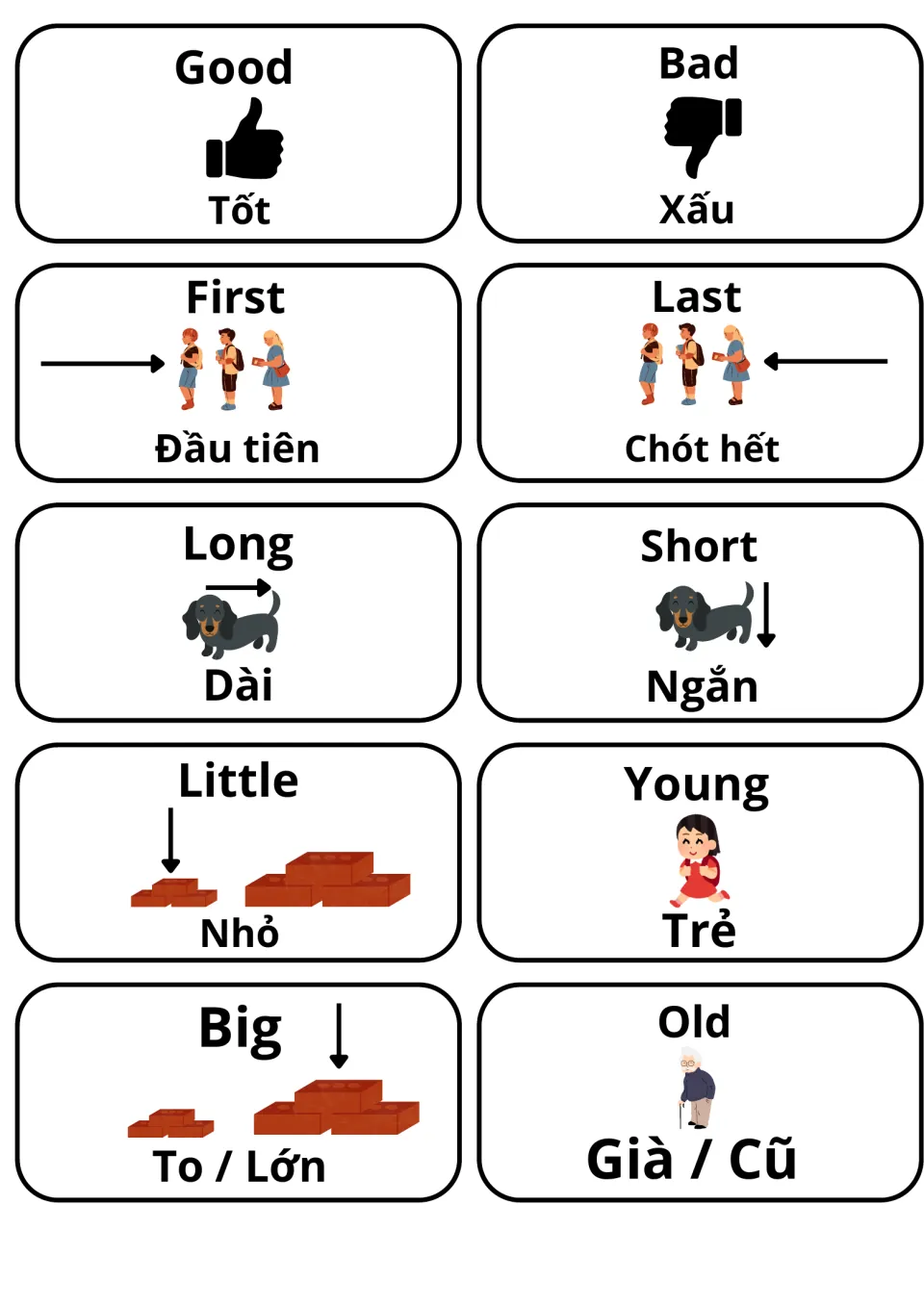 English-Vietnamese adjective opposites: 10 picture cards for good/bad, first/last, long/short, little, young, big, old