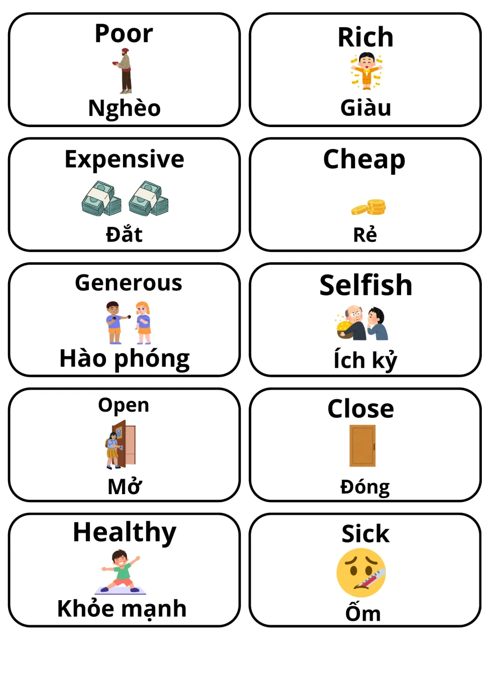 Opposite pairs poor/rich, expensive/cheap, generous/selfish, open/close and healthy/sick, illustrated and in Vietnamese
