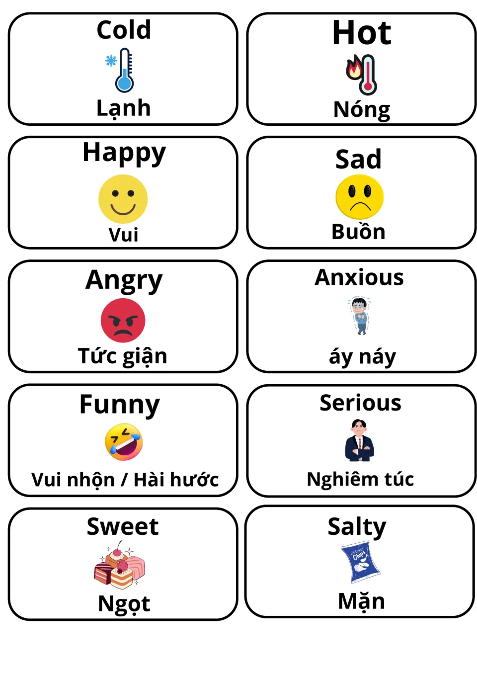 Feelings and senses cards: cold, hot, happy, sad, angry, anxious, funny, serious, sweet, salty, with Vietnamese below each