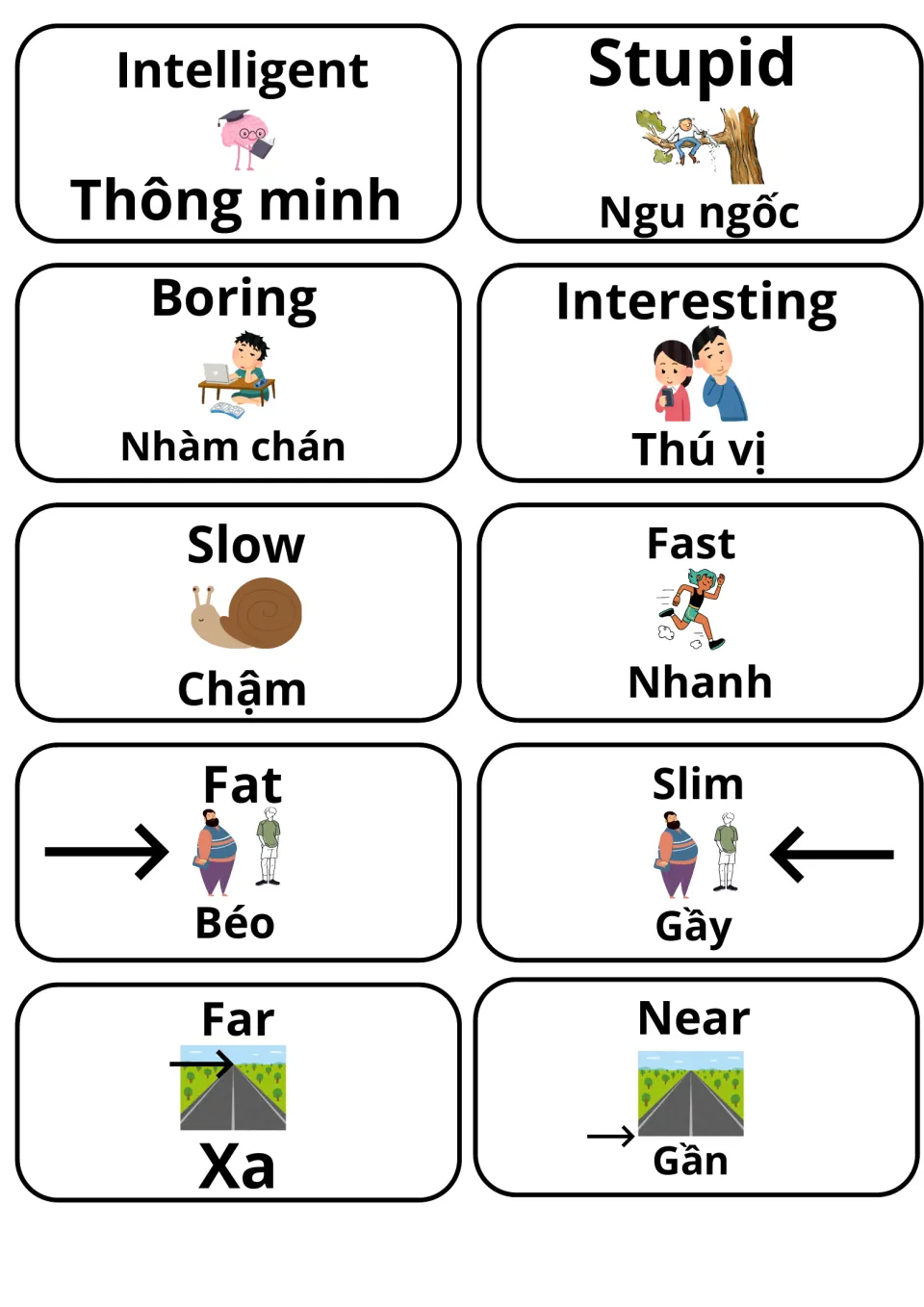 Intelligent/stupid, boring/interesting, slow/fast, fat/slim and far/near vocabulary cards with images and Vietnamese words