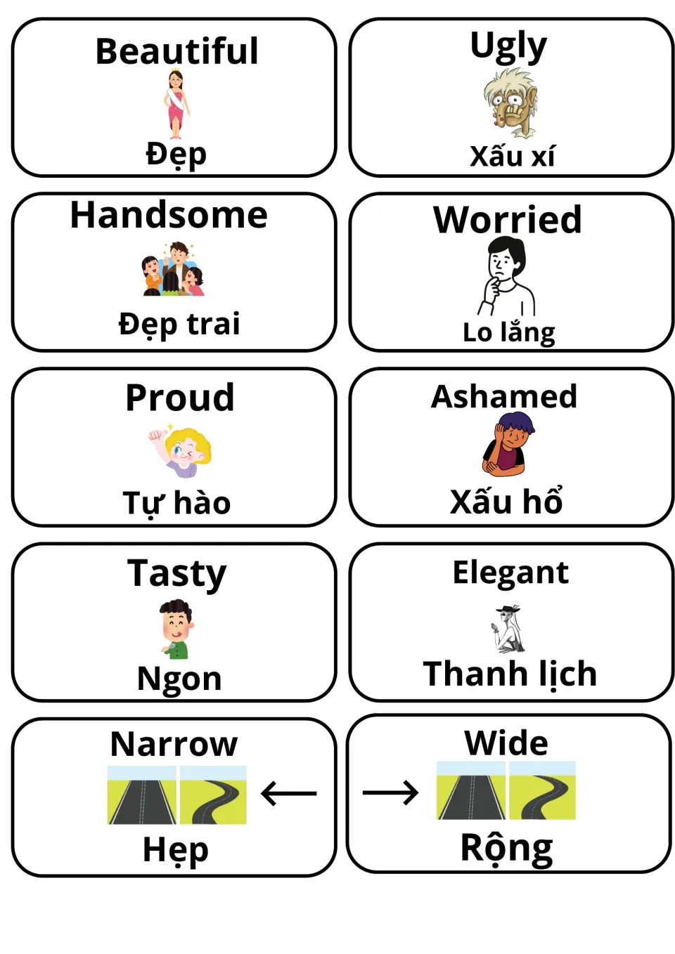 Appearance and mood cards: beautiful, ugly, handsome, worried, proud, ashamed, tasty, elegant, narrow, wide, in Vietnamese