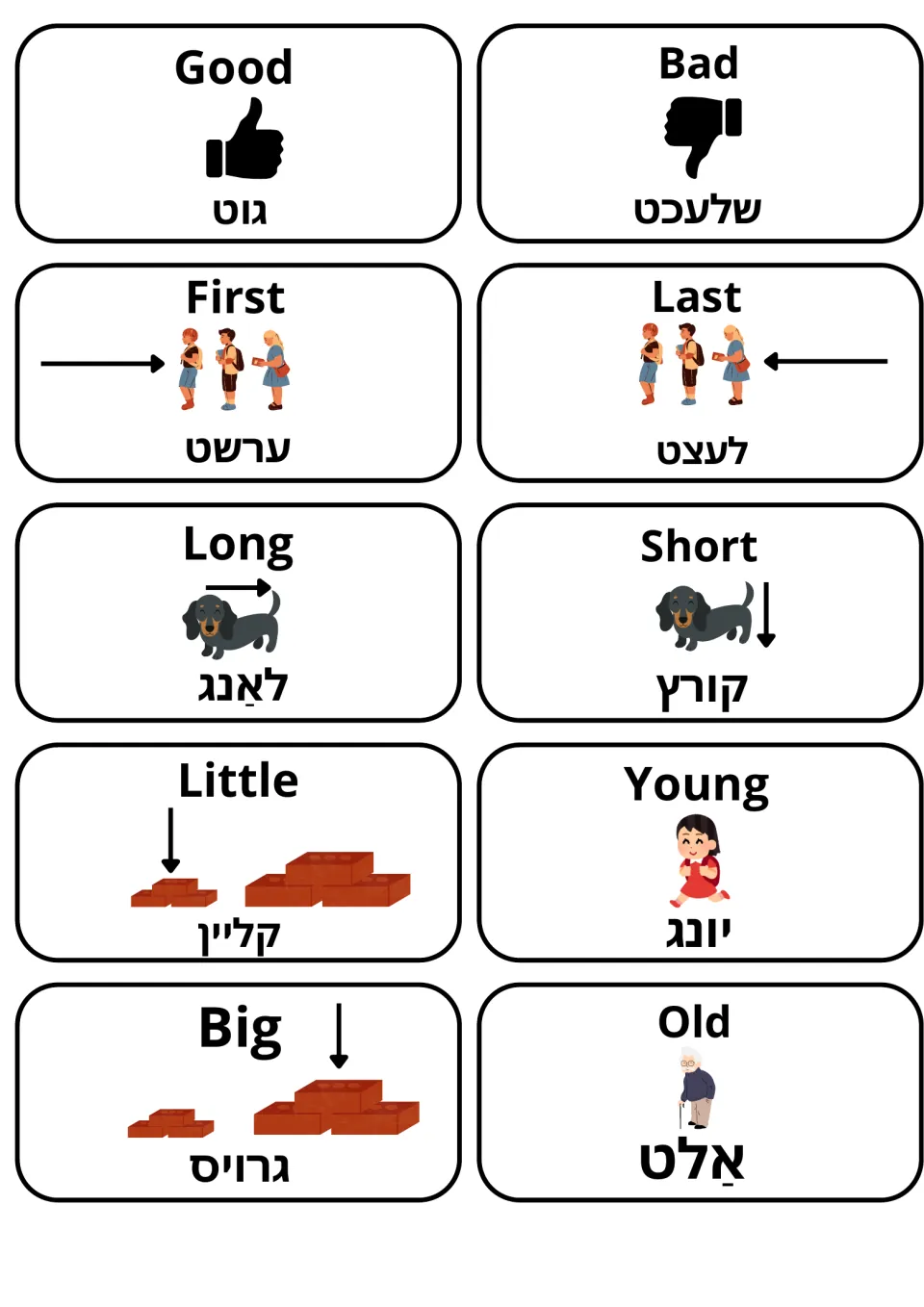 Adjective opposites in English and Yiddish: picture cards for good, bad, first, last, long, short, little, big, young, old