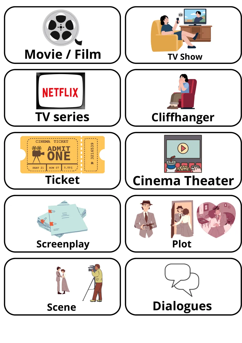 Movie and TV vocabulary flashcards 1–10: Movie / Film, TV Show, TV series, Cliffhanger, Ticket and five more.