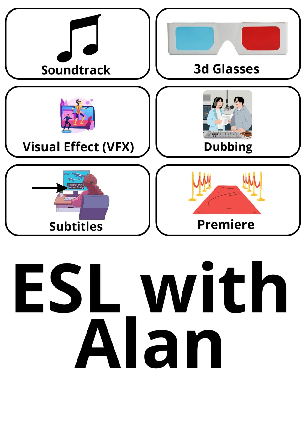 Movie and TV flashcards 31–36: Soundtrack, 3d Glasses, Visual Effect (VFX), Dubbing, Subtitles and Premiere.