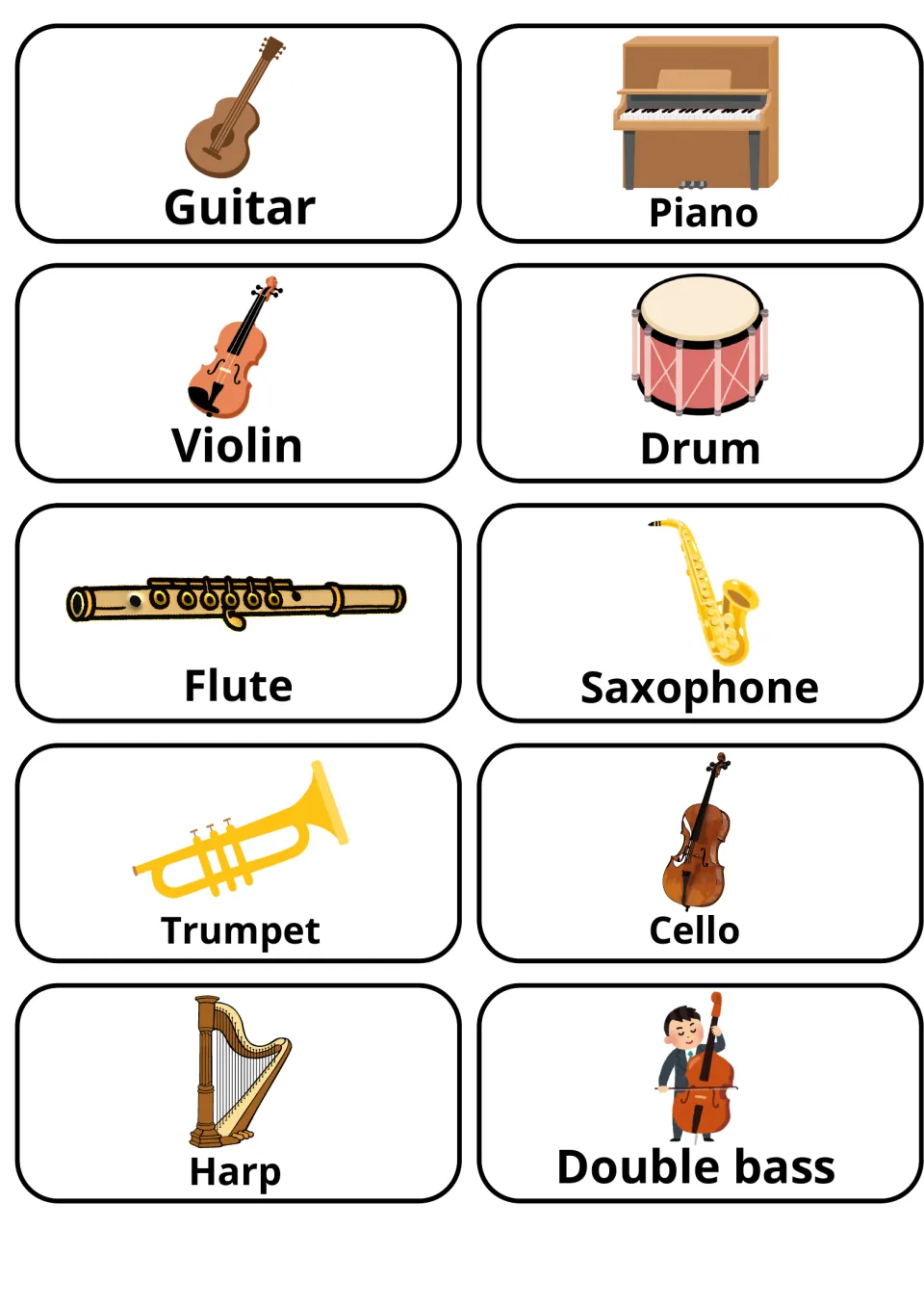 Instrument vocabulary: 10 labelled picture flashcards from guitar, piano and violin to trumpet, cello, harp and double bass