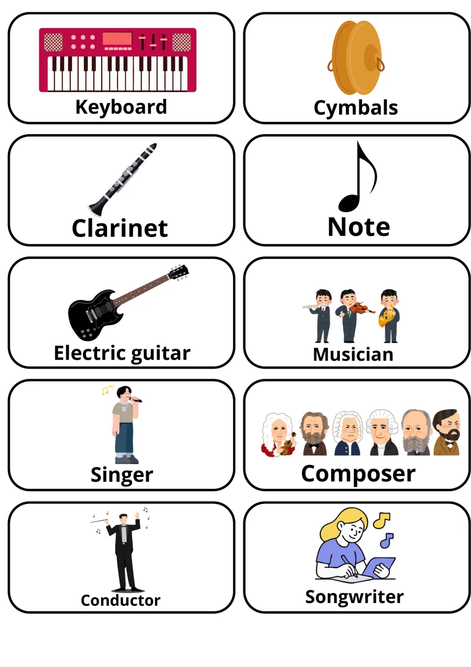 Music flashcards: 10 labelled pictures such as keyboard, cymbals, clarinet, note, singer, composer, conductor and songwriter