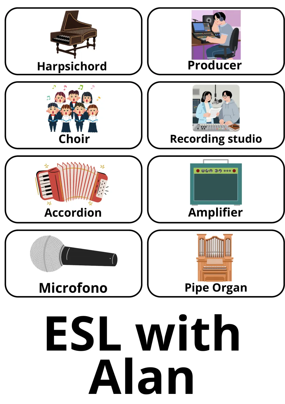 Music vocabulary cards: 8 pictures including harpsichord, producer, choir, recording studio, amplifier and pipe organ