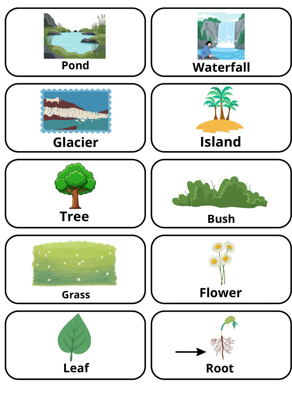 Water features and plant words: picture cards naming pond, waterfall, glacier, island, tree, bush, grass, flower, leaf, root