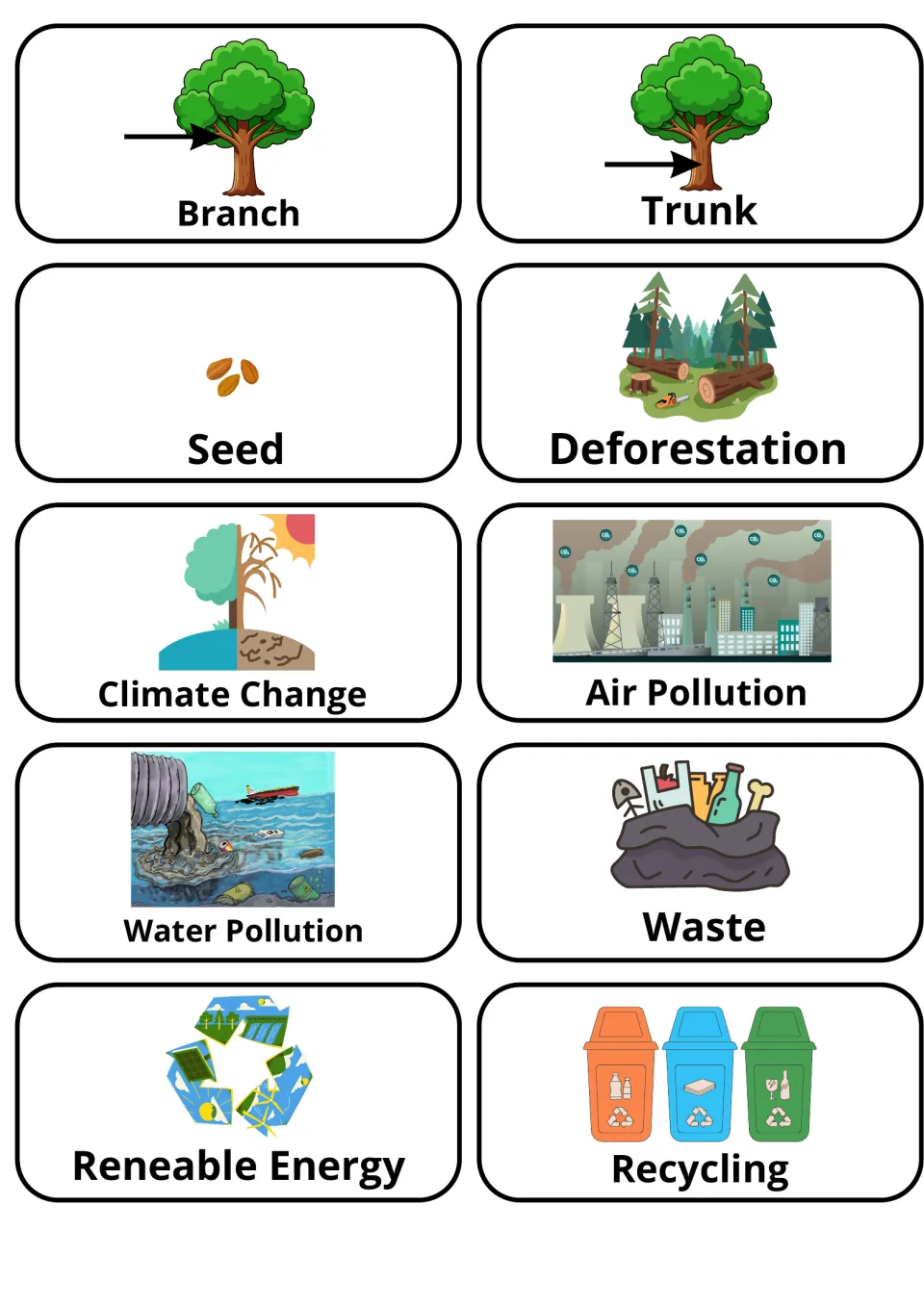 Tree parts and environmental issues: cards for branch, trunk, seed, deforestation, climate change, waste and recycling