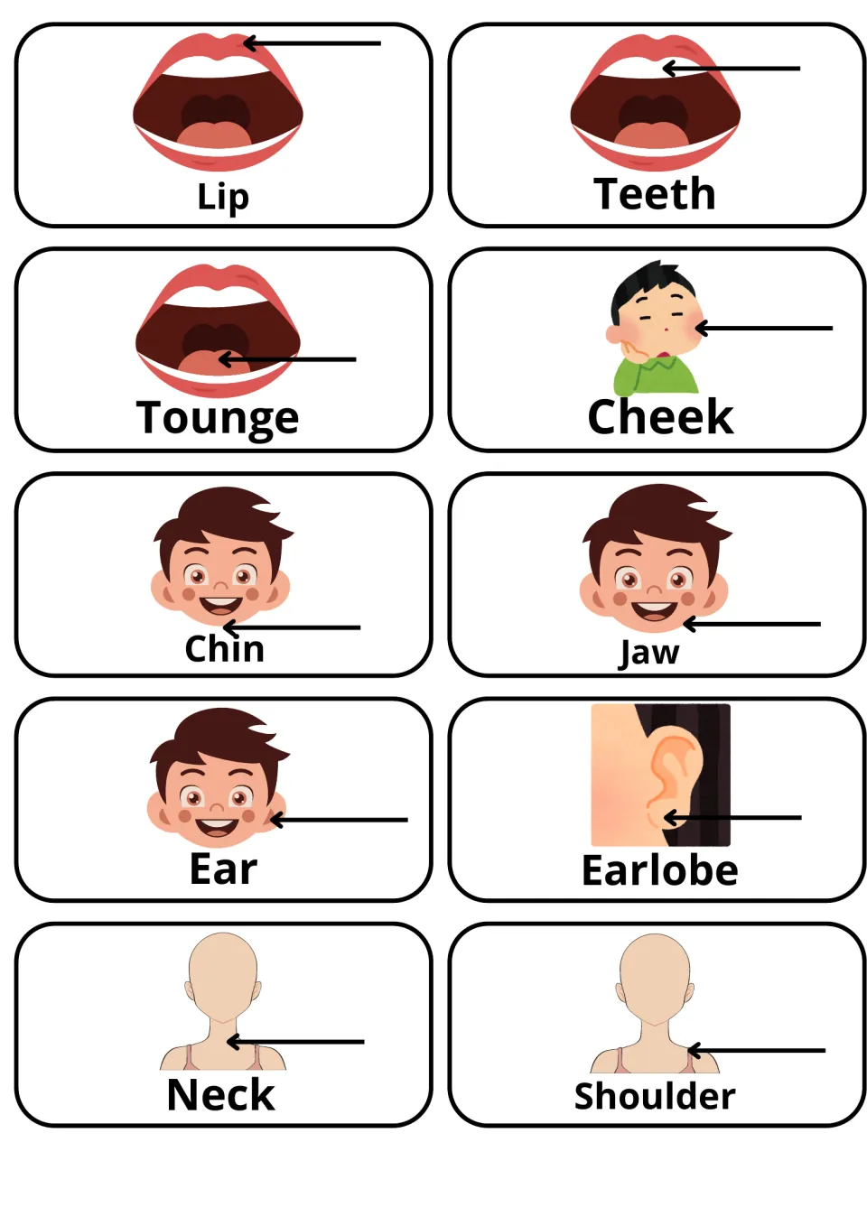 Mouth, face and neck picture cards: lip, teeth, tongue (printed Tounge), cheek, chin, jaw, ear, earlobe, neck and shoulder