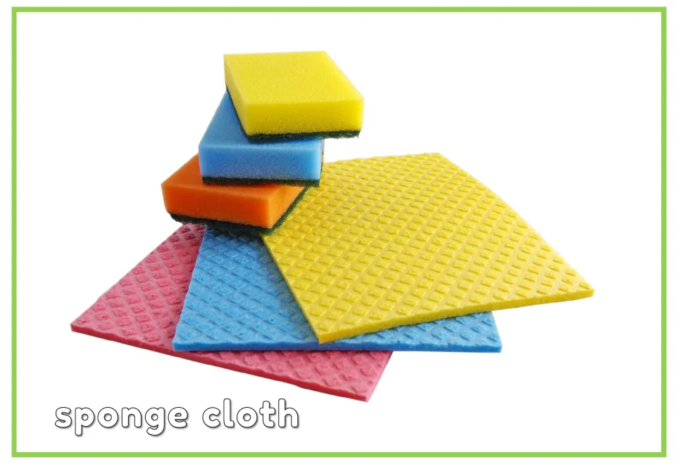 Labeled cleaning vocabulary flashcard showing sponges and colorful cloths with the words 'sponge cloth'