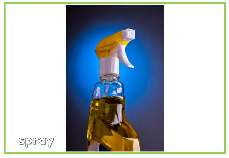 Labeled cleaning vocabulary flashcard showing a trigger bottle containing yellow liquid and the word 'spray'