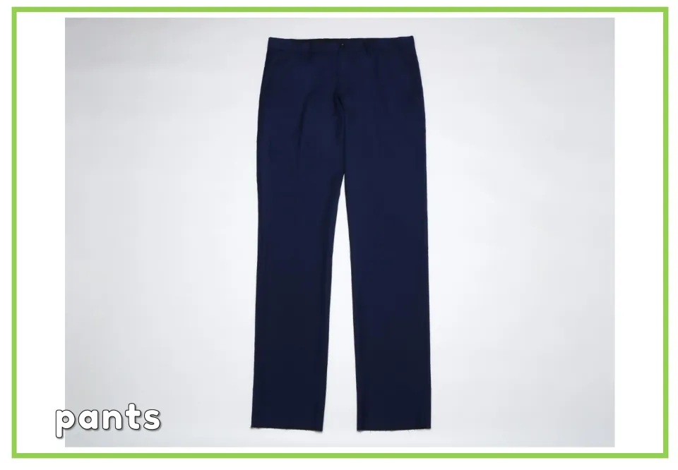 Labeled clothing vocabulary flashcard showing a pair of dark navy pants alongside the vocabulary word 'pants'