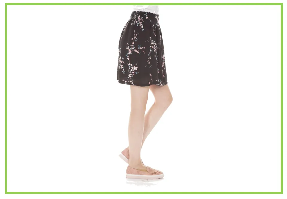 Picture-only clothing vocabulary flashcard showing a person wearing a short black skirt with a floral print