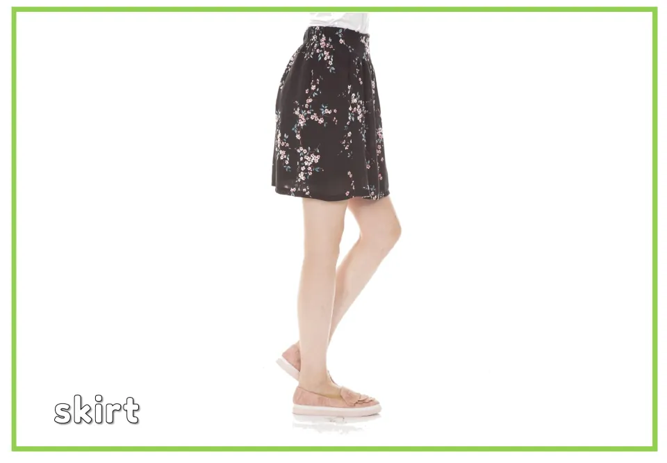 Labeled clothing vocabulary flashcard showing a person wearing a black floral skirt and the word 'skirt'