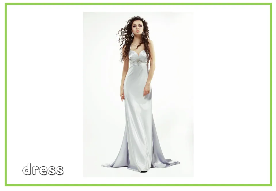 Labeled clothing vocabulary flashcard showing a person in a floor-length silver dress and the word 'dress'