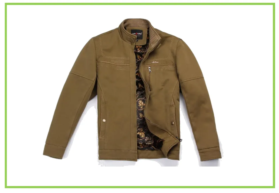Picture-only clothing vocabulary flashcard showing a brown zippered jacket open to reveal its patterned lining