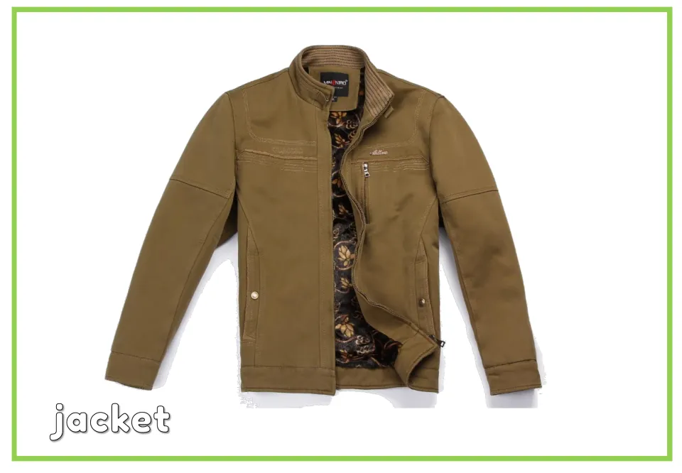 Labeled clothing vocabulary flashcard showing a brown jacket with patterned lining and the word 'jacket'